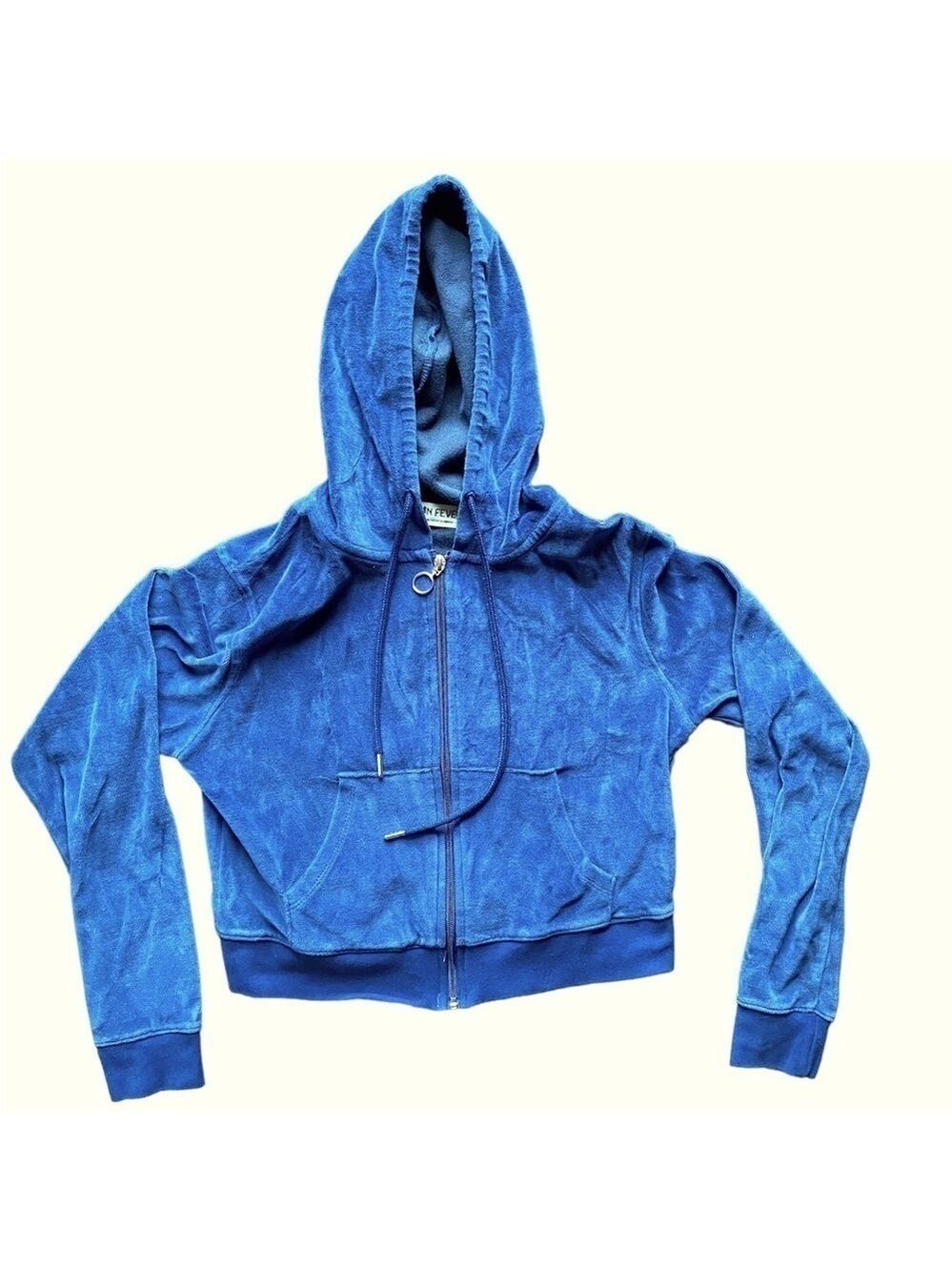 2/$15 Cabin Fever Blue Velour Cropped Zip-Up Hoodie Small
